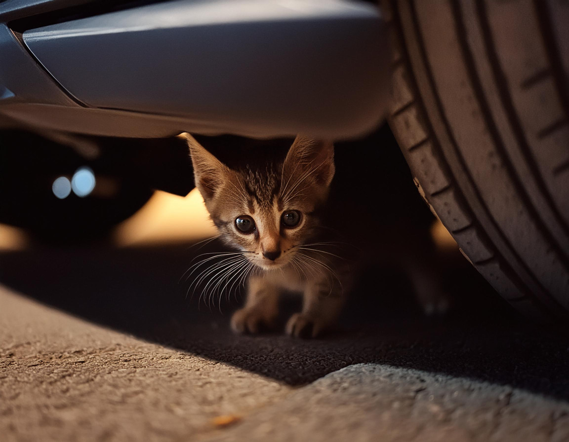 Kotě se schovává pod autem